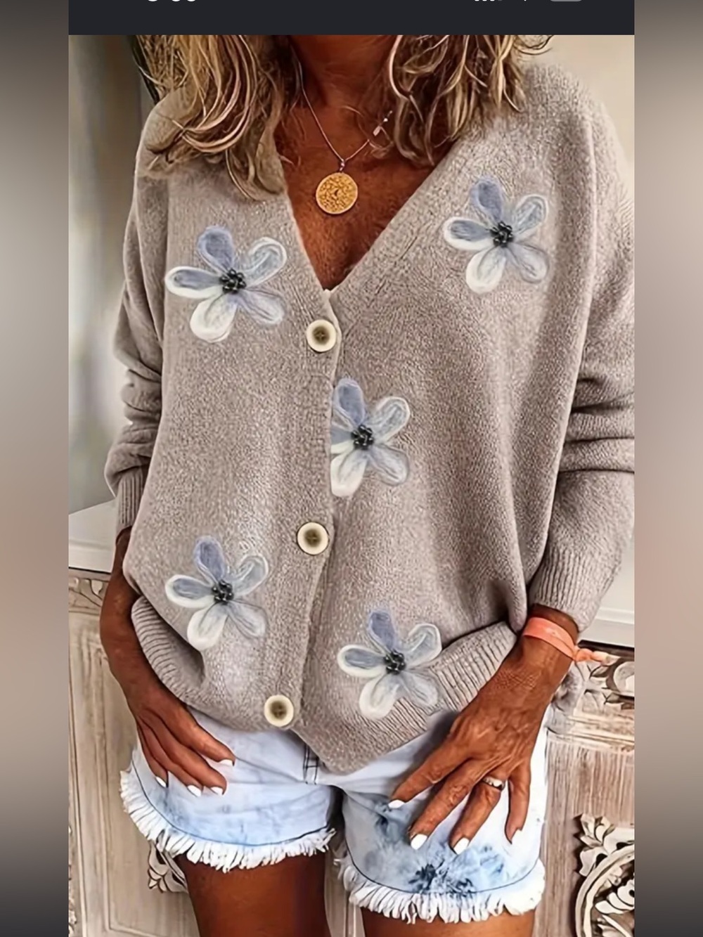 Made with Love tan cardigan with lavender and beaded embellishment